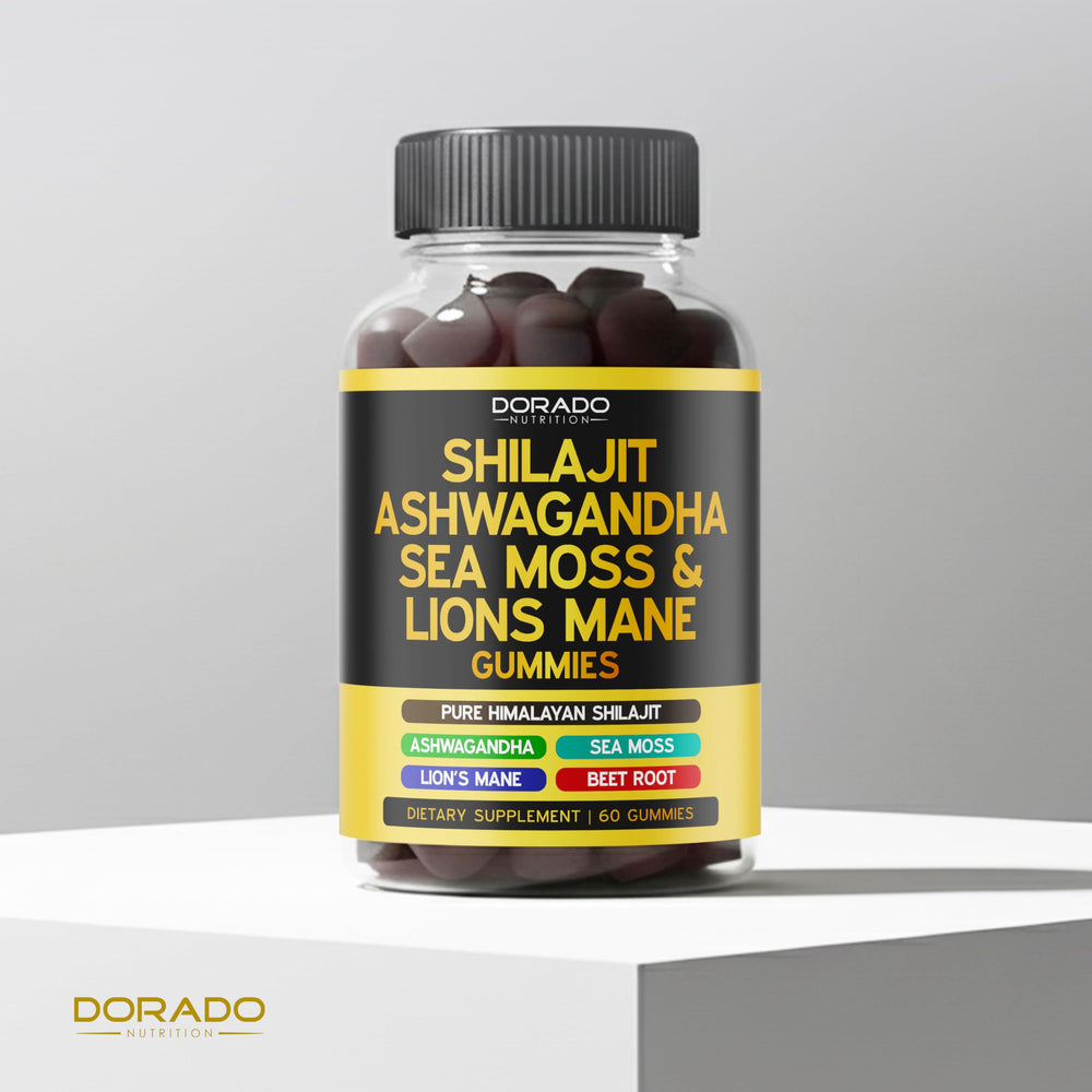 Dorado Nutrition Shilajit Gummies bottle with glass shows portable energy on the go.