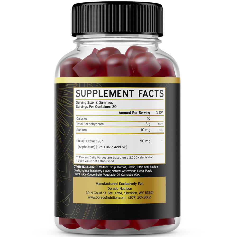 Shilajit Gummies bottle label highlights 50 mg per serving and high potency.