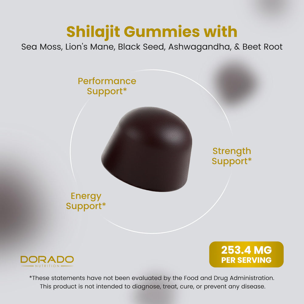 Dorado Nutrition Shilajit Gummies round gummy beads close-up for convenient energy bite.