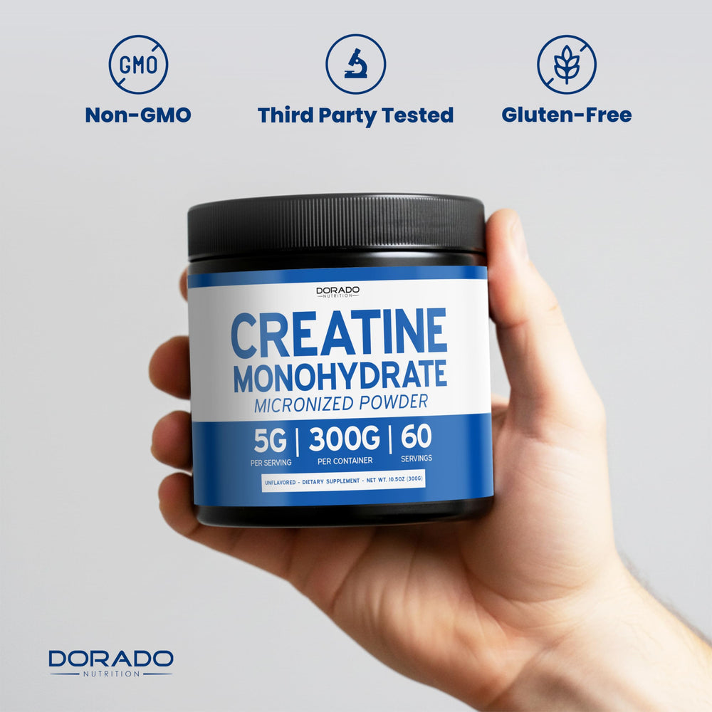 Vegan and non GMO icons on Dorado Nutrition creatine packaging