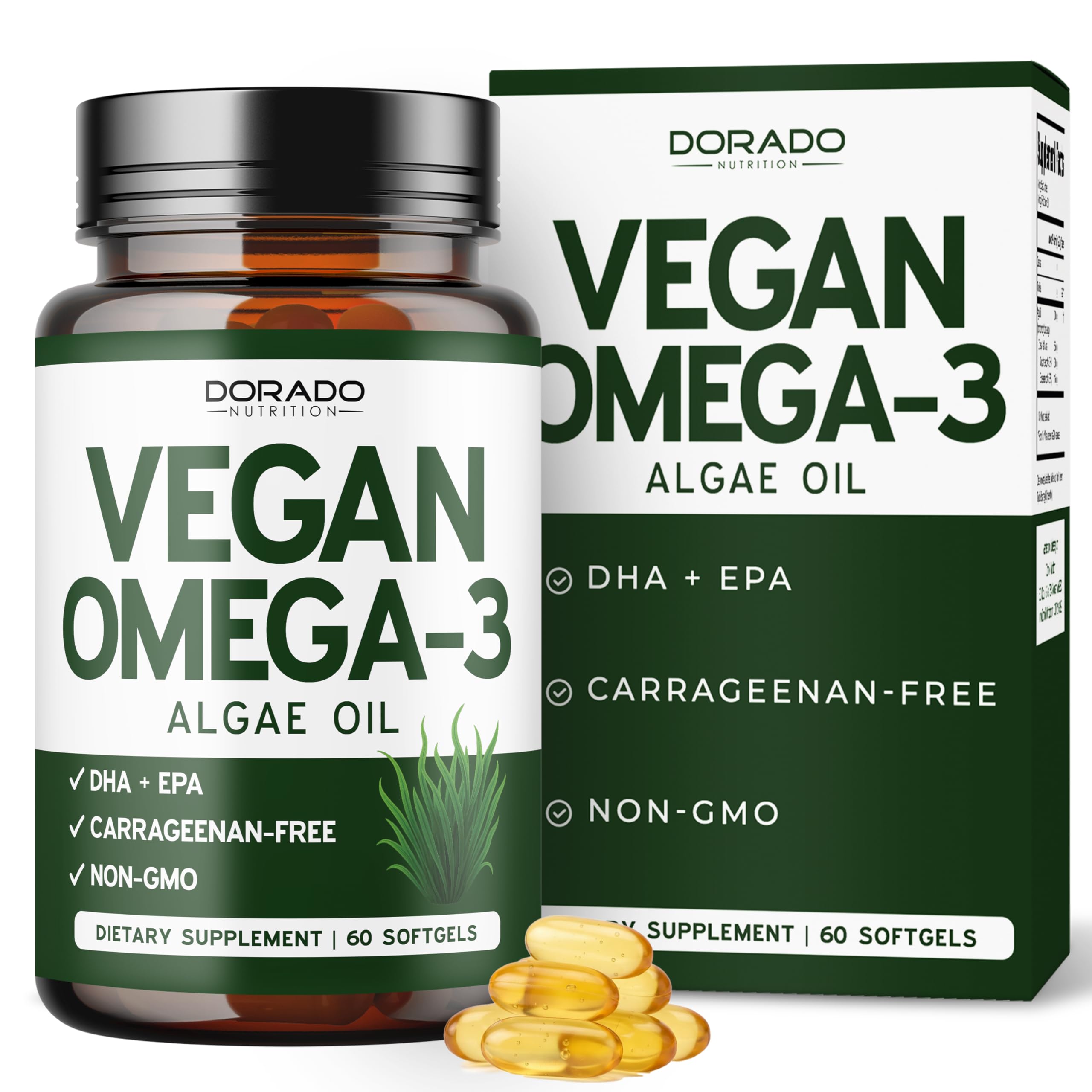 Dorado Nutrition Vegan Omega-3 Algae Oil bottle front showing plant-based DHA and EPA benefits