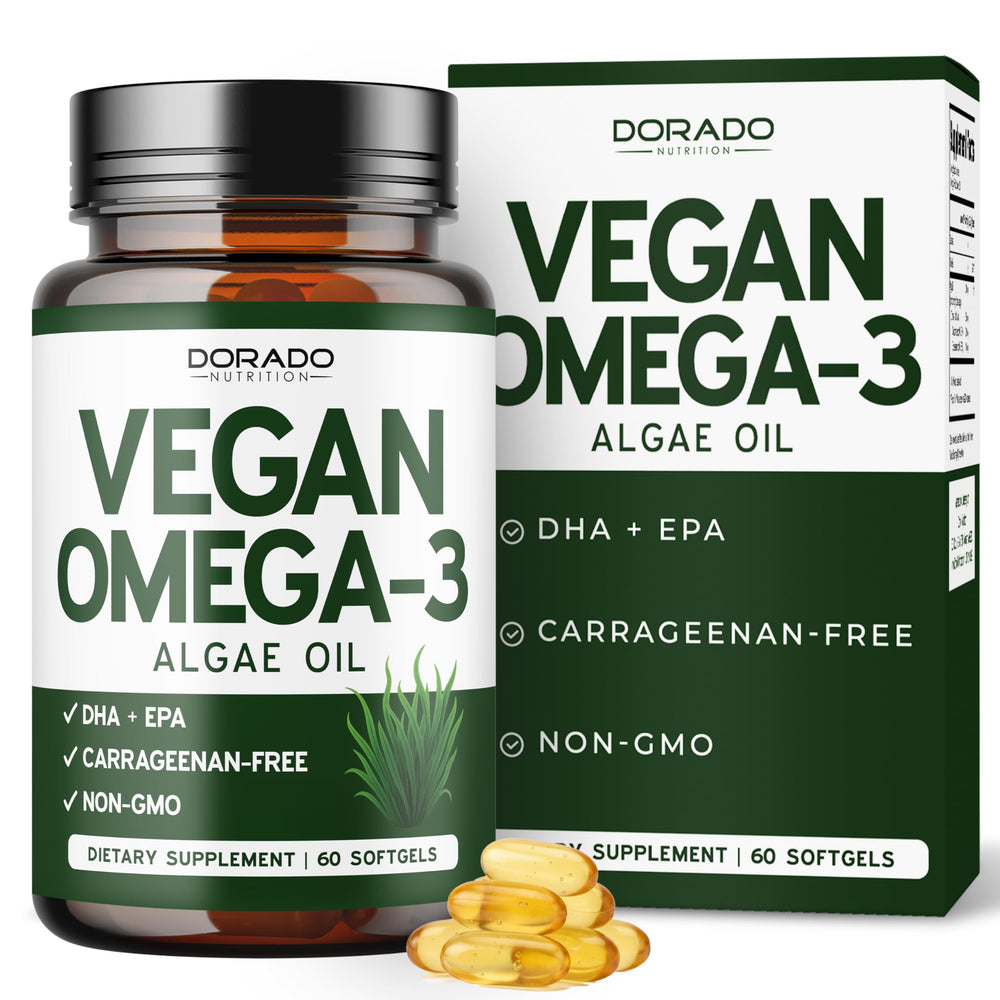 Dorado Nutrition Vegan Omega-3 Algae Oil bottle front showing plant-based DHA and EPA benefits