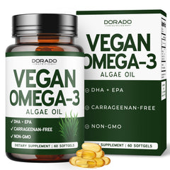 Dorado Nutrition Vegan Omega-3 Algae Oil bottle front showing plant-based DHA and EPA benefits