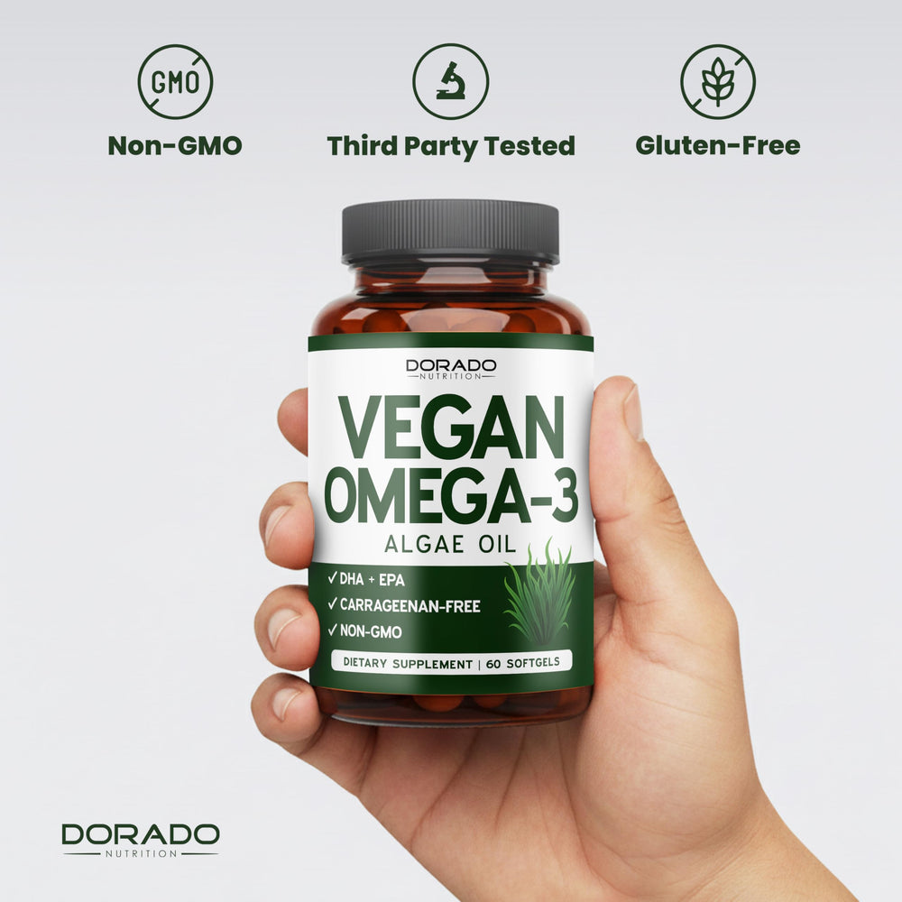 Dosage chart beside capsules for easy daily omega-3 planning