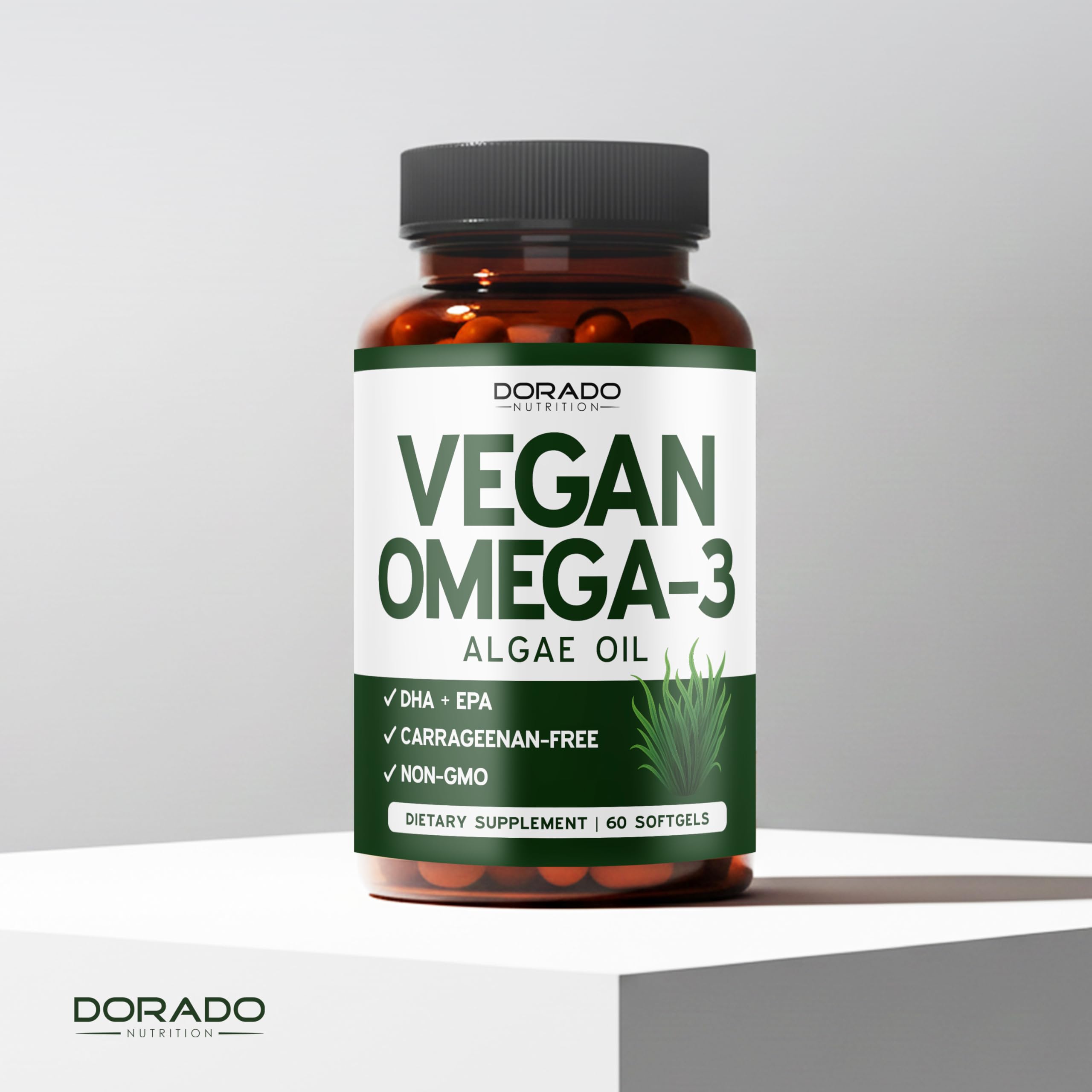 USA-made seal on Dorado Nutrition vegan omega-3 algae oil bottle