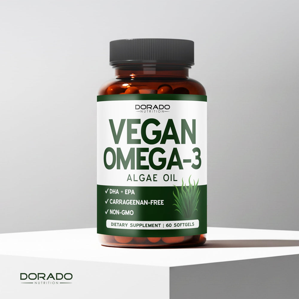 USA-made seal on Dorado Nutrition vegan omega-3 algae oil bottle