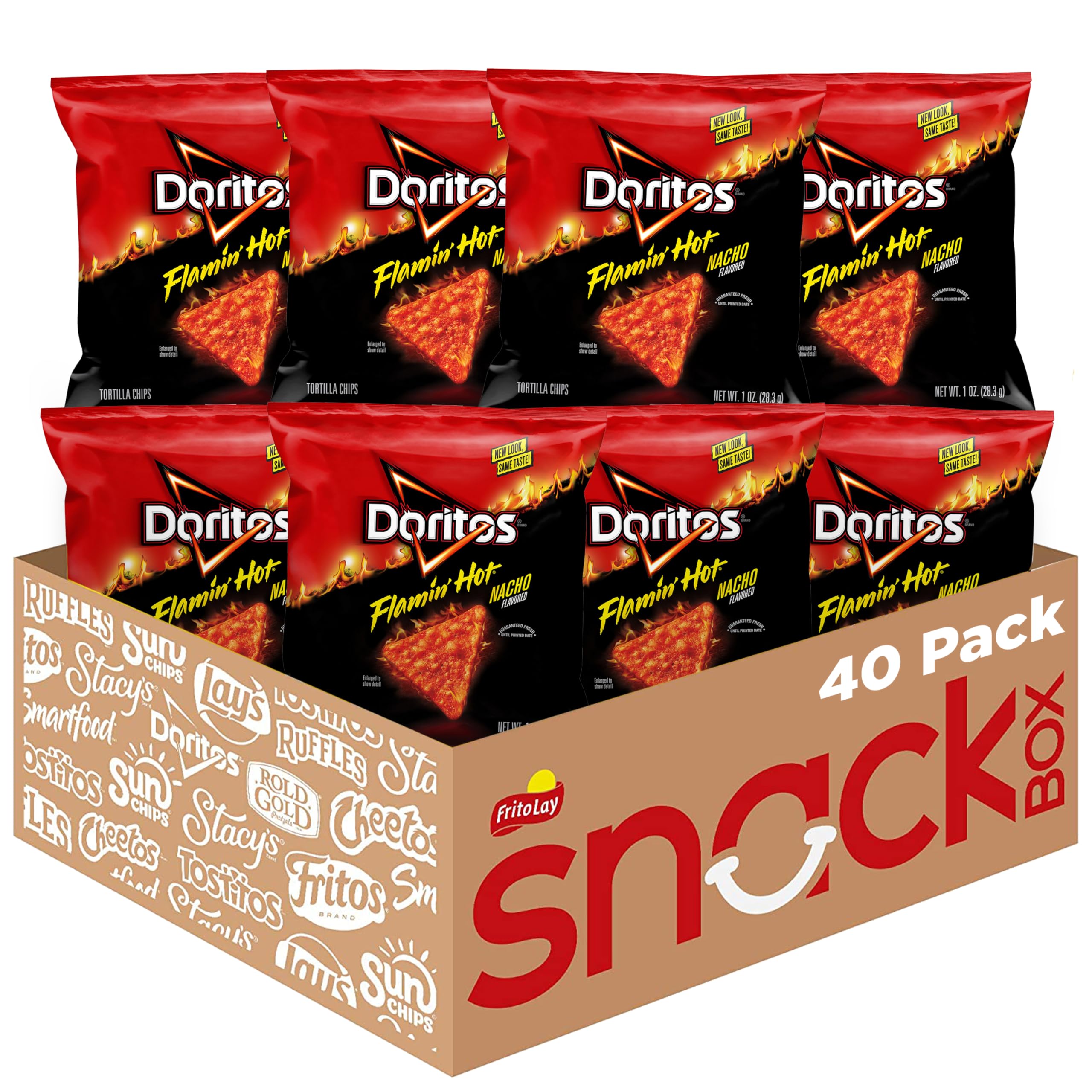 Doritos Flamin' Hot Nacho 40-pack bag close-up showing spicy, crunchy flavor.