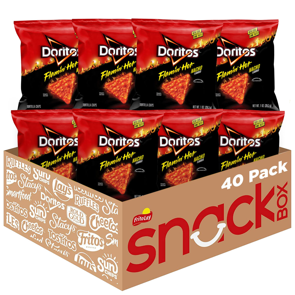 Doritos Flamin' Hot Nacho 40-pack bag close-up showing spicy, crunchy flavor.