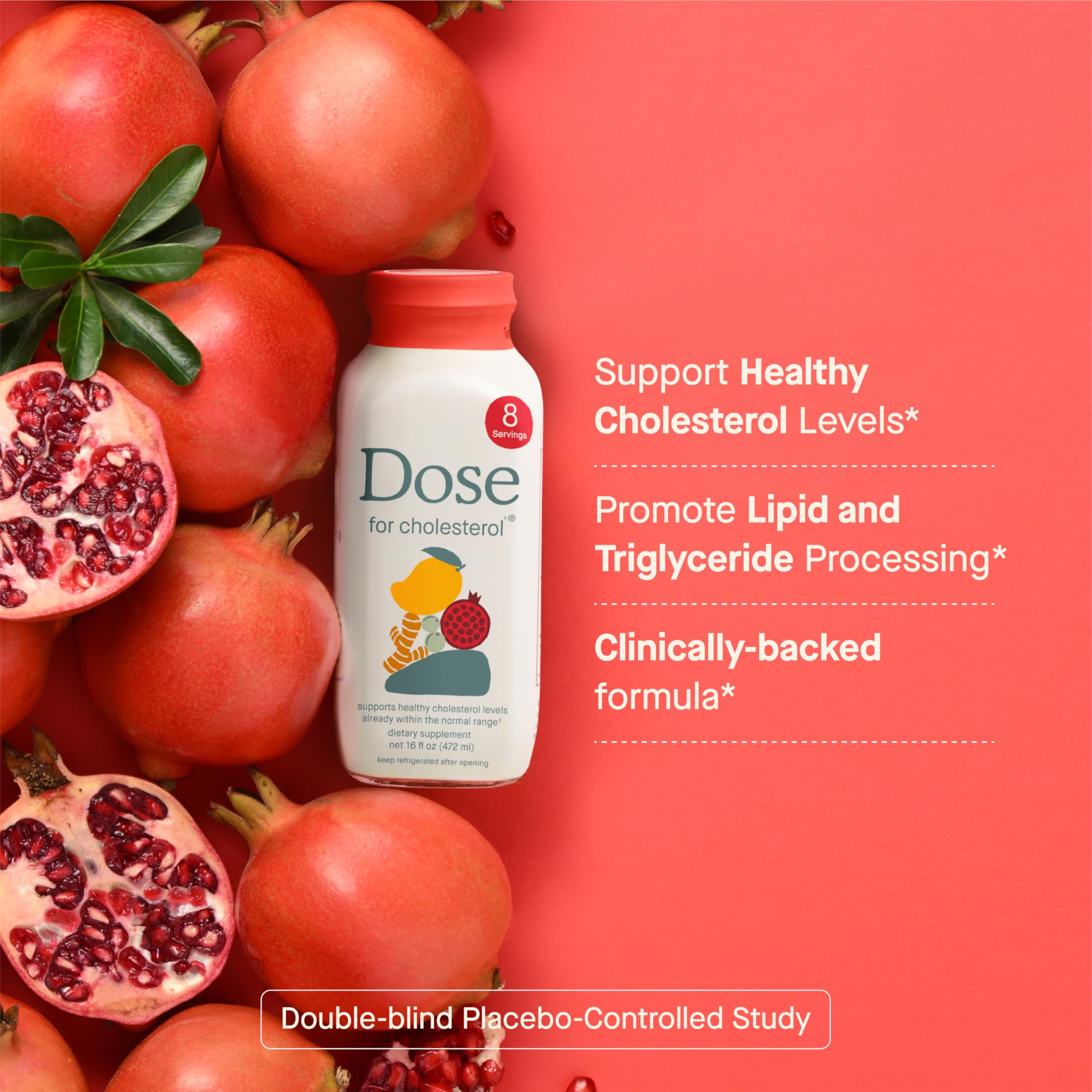 DOSE six-pack bottles emphasize convenient, shelf-stable cholesterol support for routines.