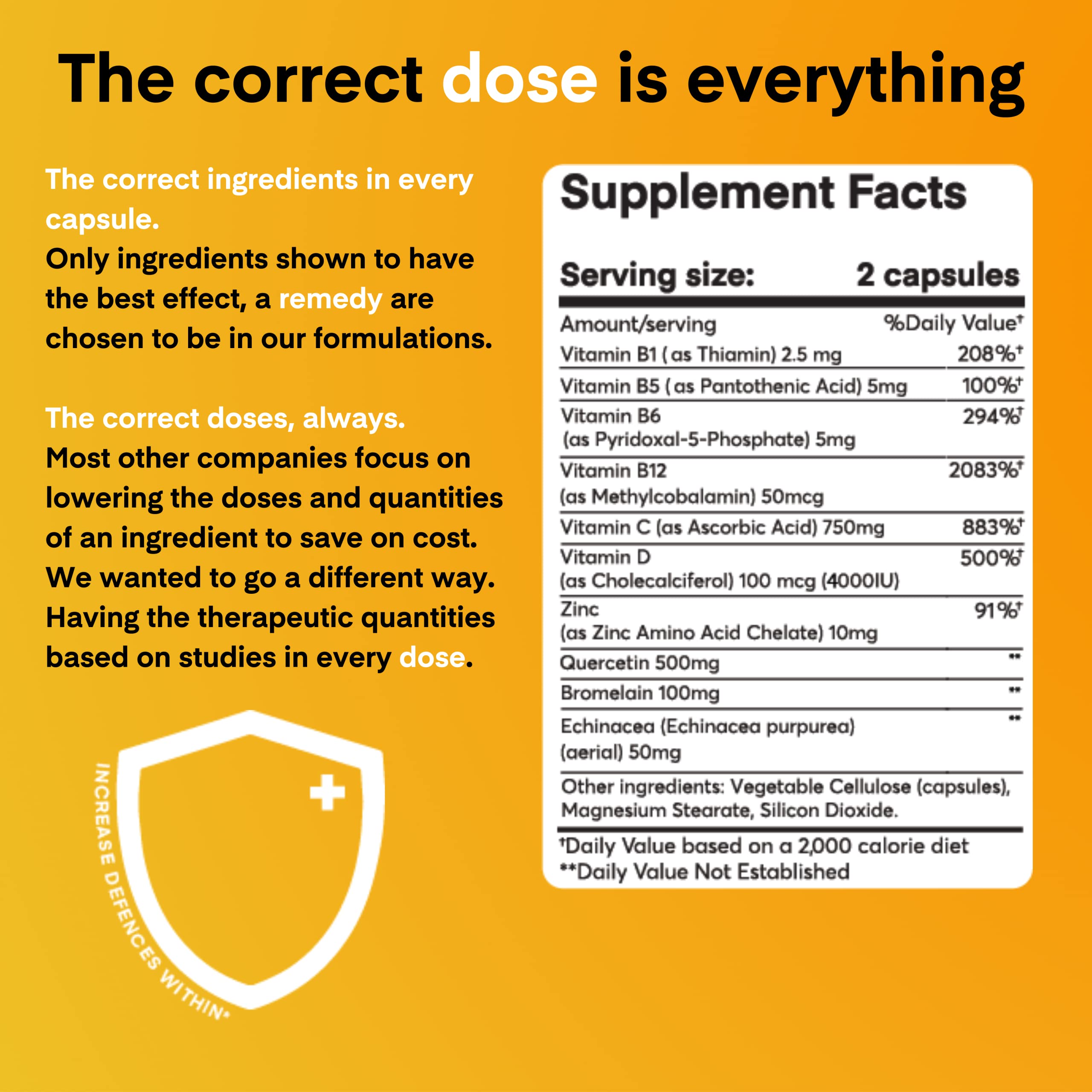 Side view of Dose + Remedy Immunity Quercetin bottle for reference.