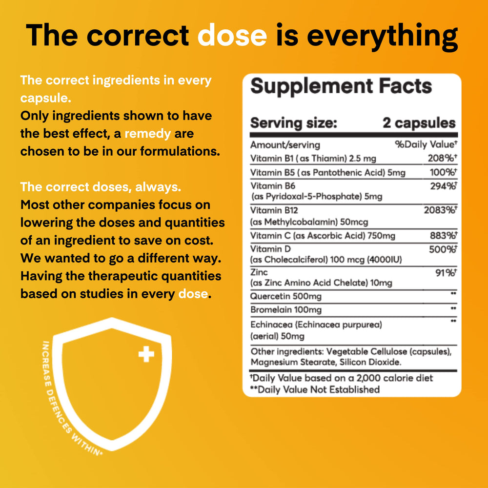 Side view of Dose + Remedy Immunity Quercetin bottle for reference.