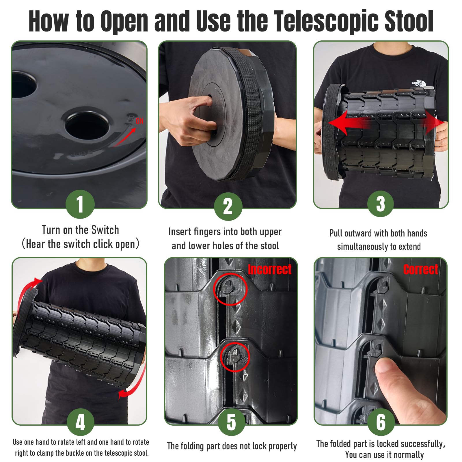Doseno foldable stool height adjustment with 12 positions.