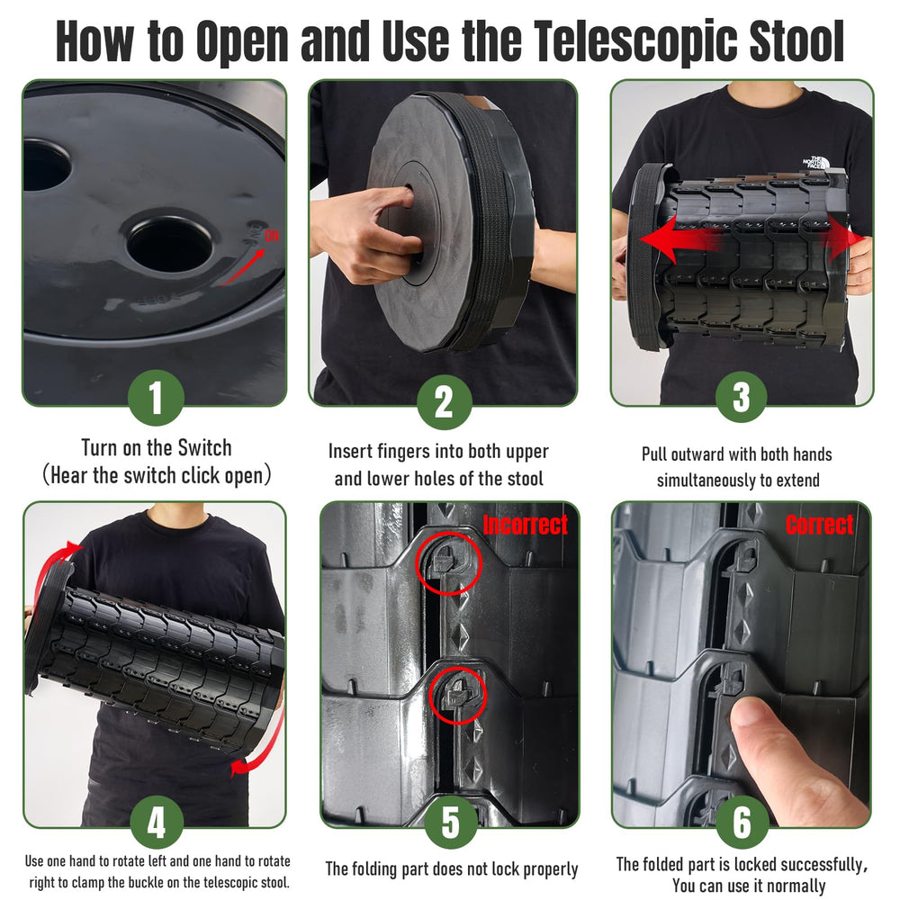 Doseno foldable stool height adjustment with 12 positions.