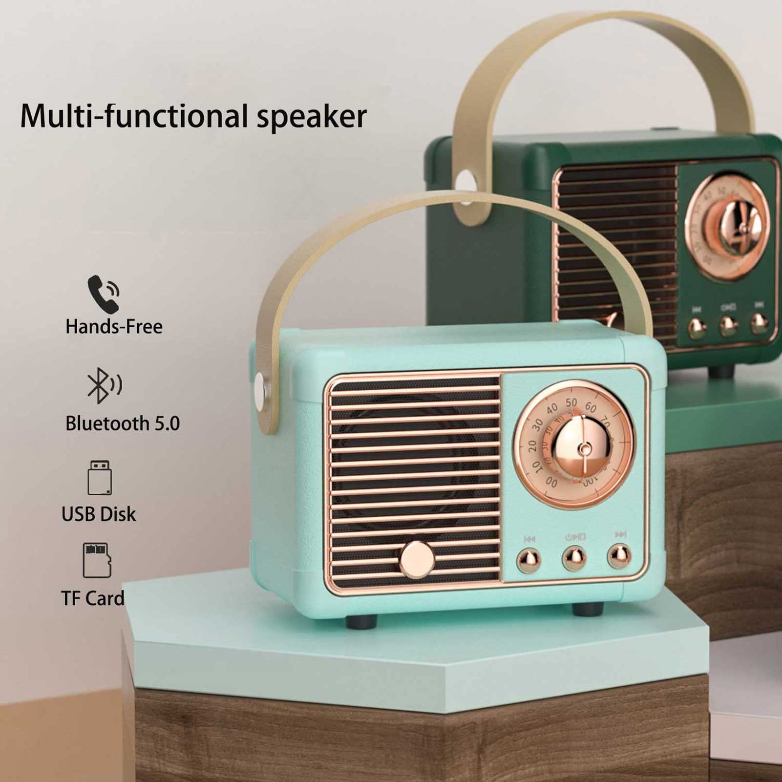 Dosmix retro Bluetooth speaker design details, vintage aesthetics meet modern tech.