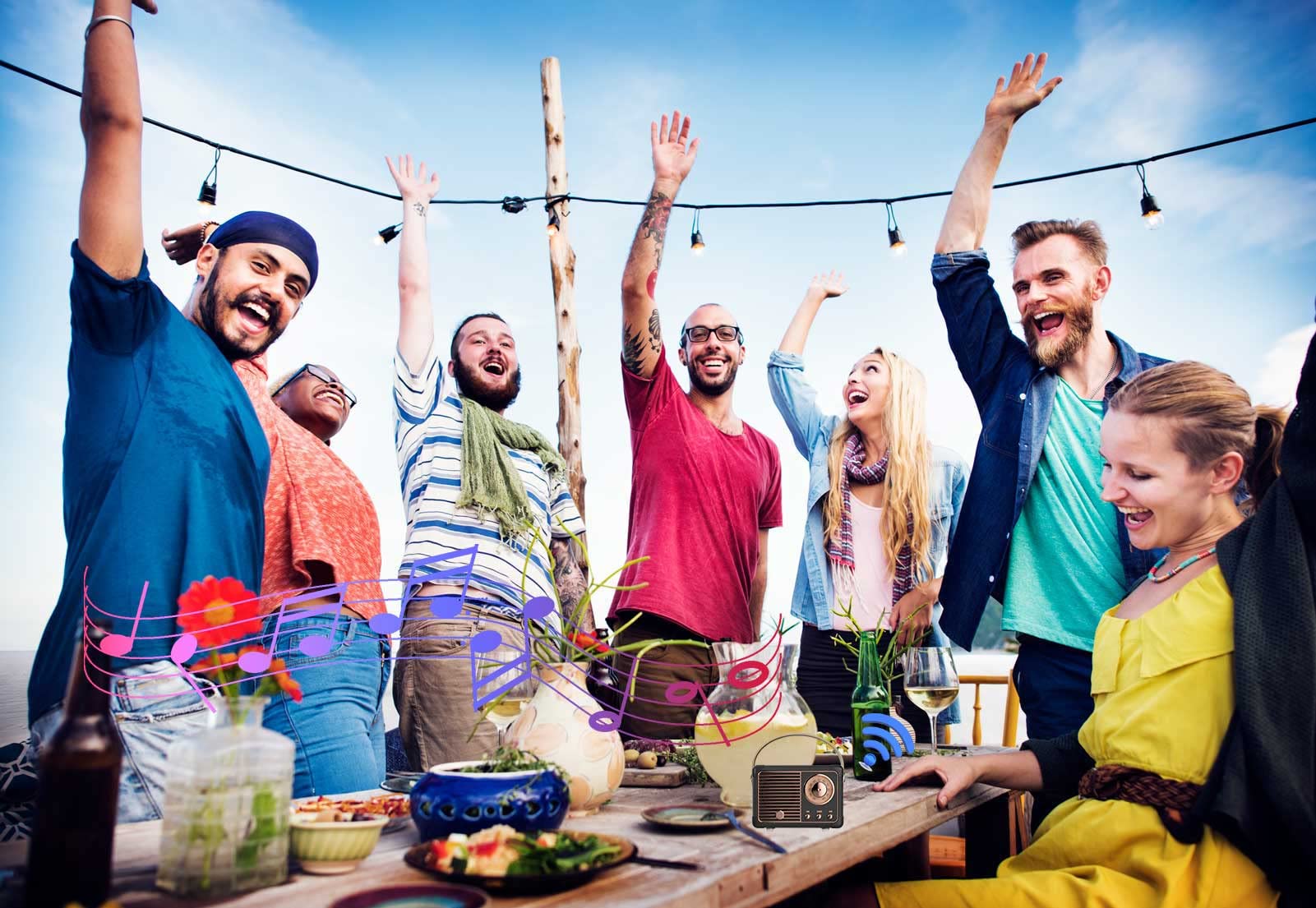 Dosmix retro Bluetooth speaker on outdoor table, enjoy tunes while cooking