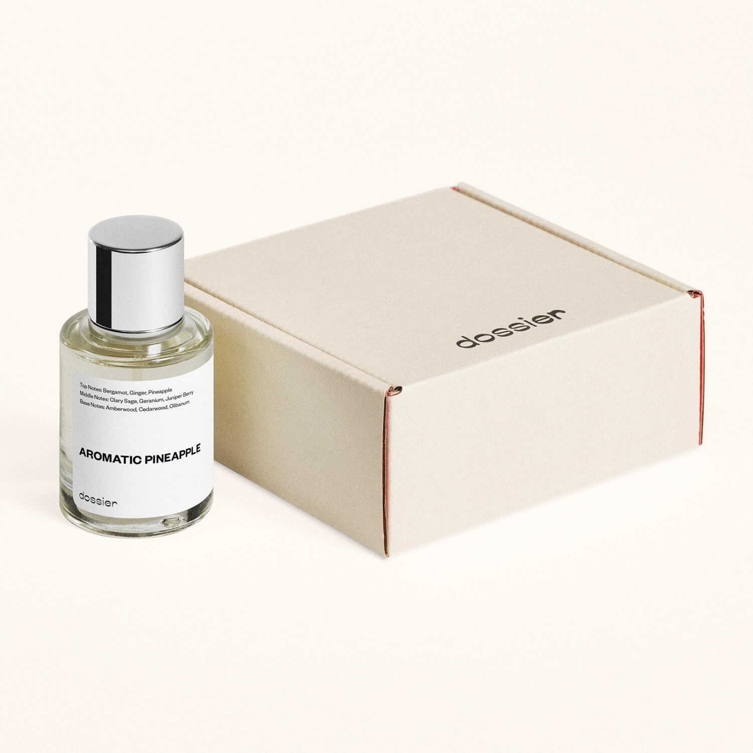 Dossier Aromatic Pineapple product shot emphasizes vegan, paraben-free formula with eco-friendly ethos
