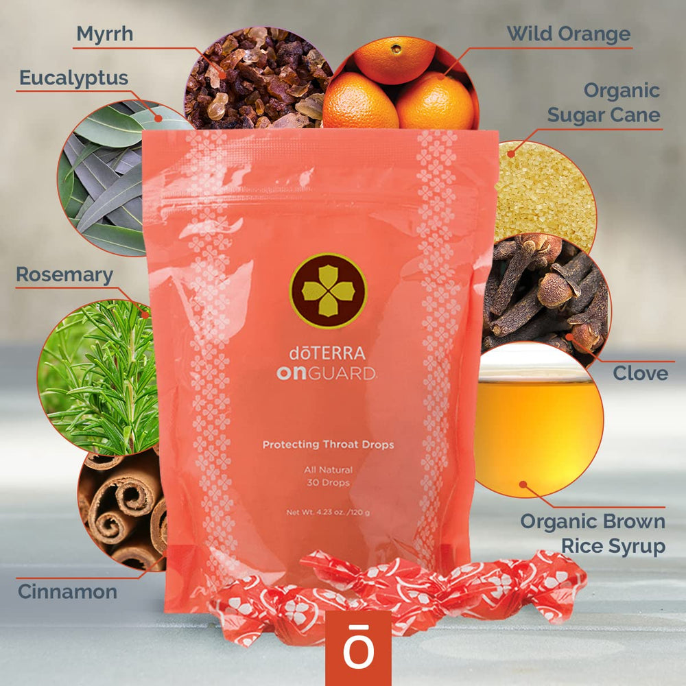Close-up of doTERRA On Guard throat drops and CPTG essential oil blend.