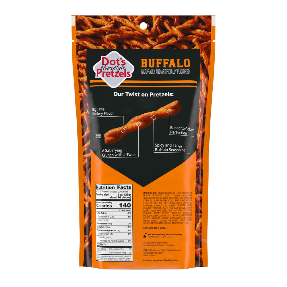 Dots Buffalo Seasoned Pretzels bag view, perfect for shareable party snacks and picnics.