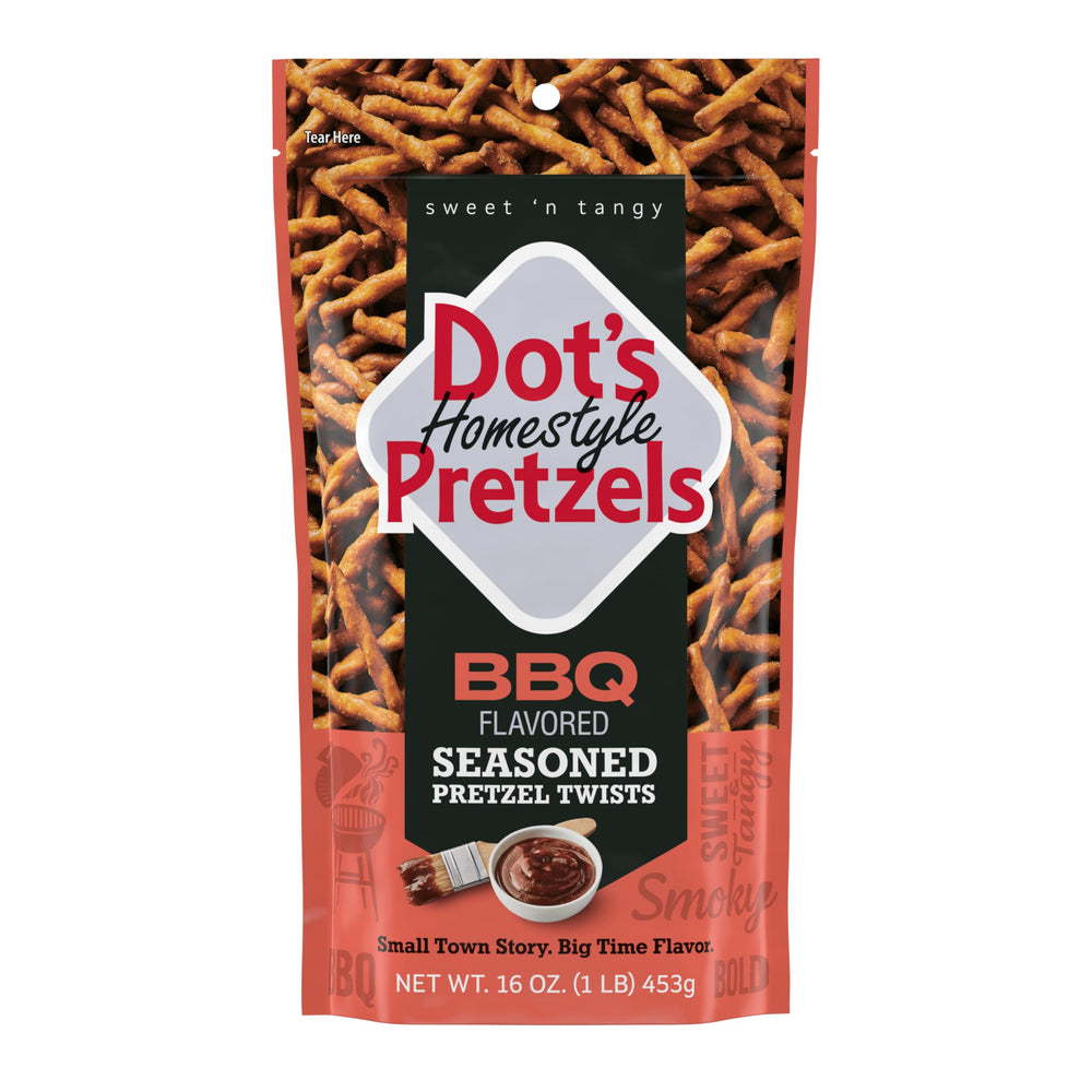Dot's Homestyle BBQ Pretzel Twists in resealable bag, perfect for on-the-go snacking.