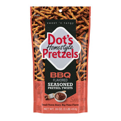 Dot's Homestyle BBQ Pretzel Twists in resealable bag, perfect for on-the-go snacking.