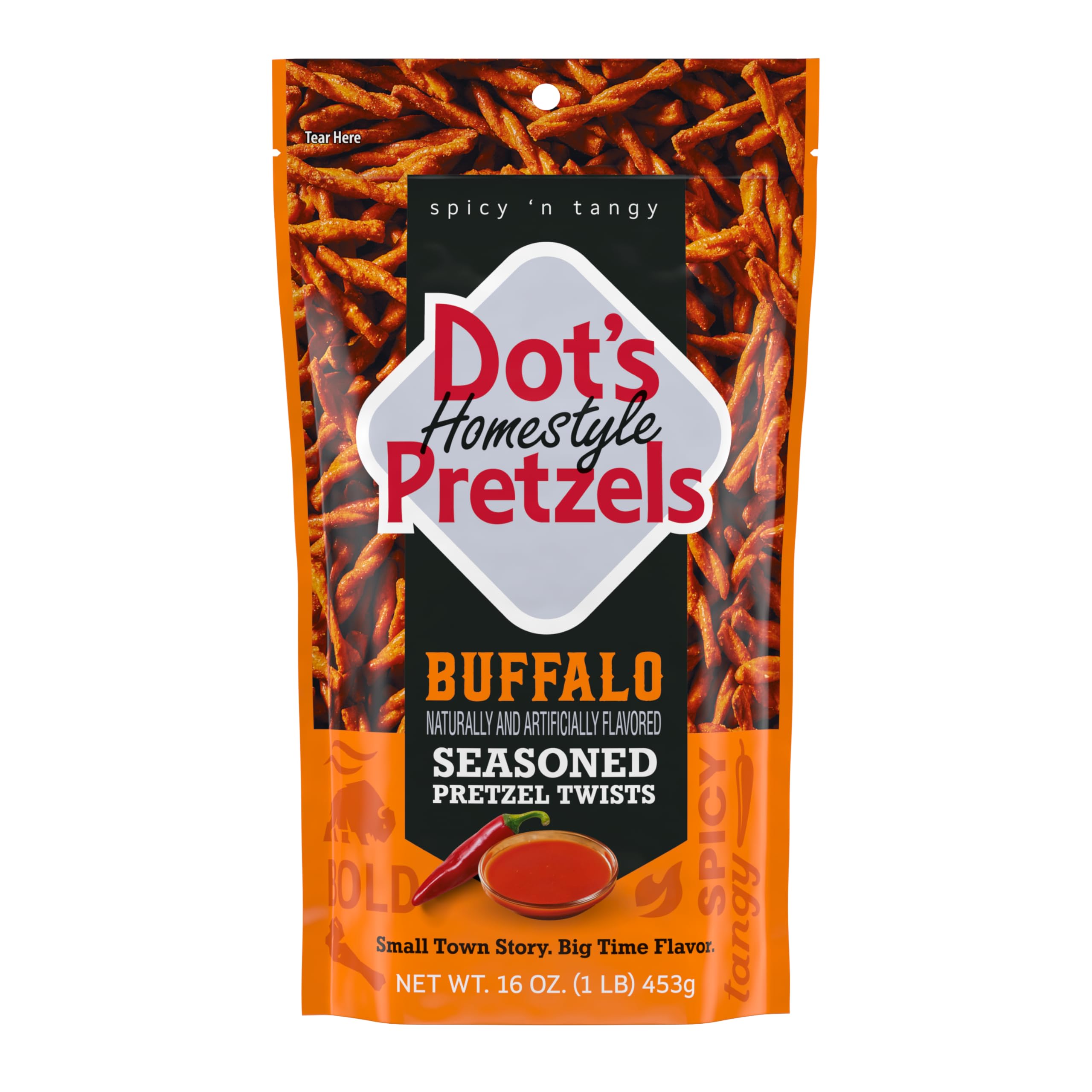 Dots Homestyle Pretzels Buffalo Twist close-up, delivering a crunchy, bold flavor for game-day snacking.