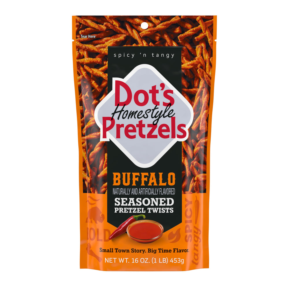 Dots Homestyle Pretzels Buffalo Twist close-up, delivering a crunchy, bold flavor for game-day snacking.