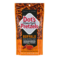Dots Homestyle Pretzels Buffalo Twist close-up, delivering a crunchy, bold flavor for game-day snacking.
