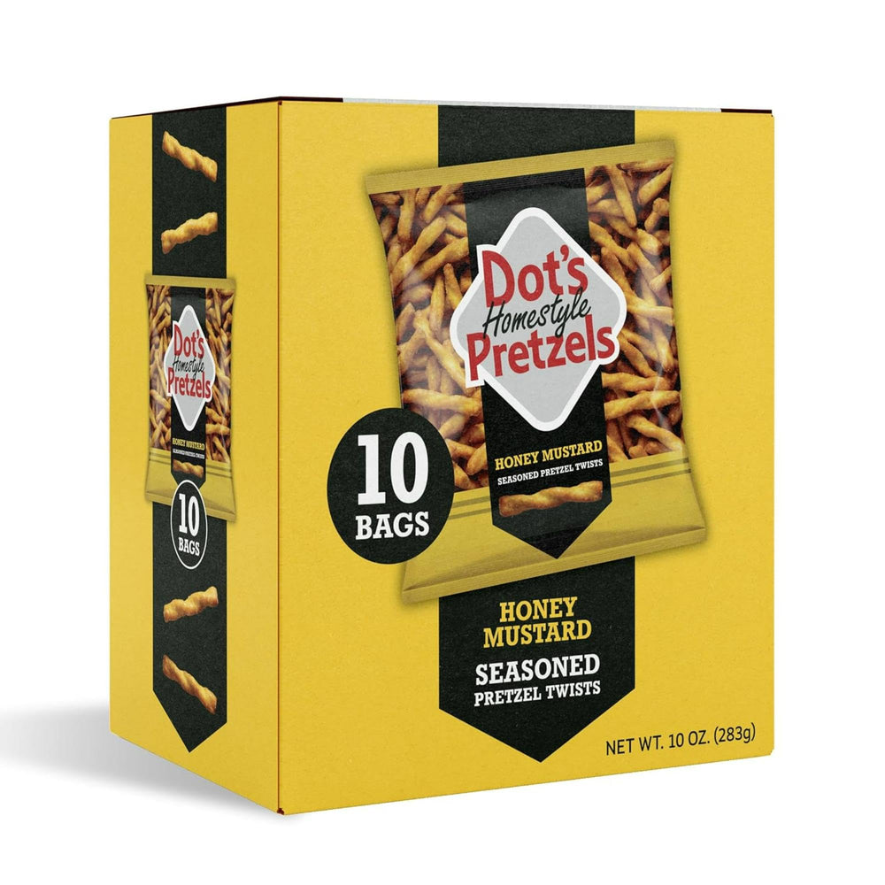 Dot's Homestyle Pretzels honey mustard twists in a 1oz bag for on-the-go snacking and crunch.