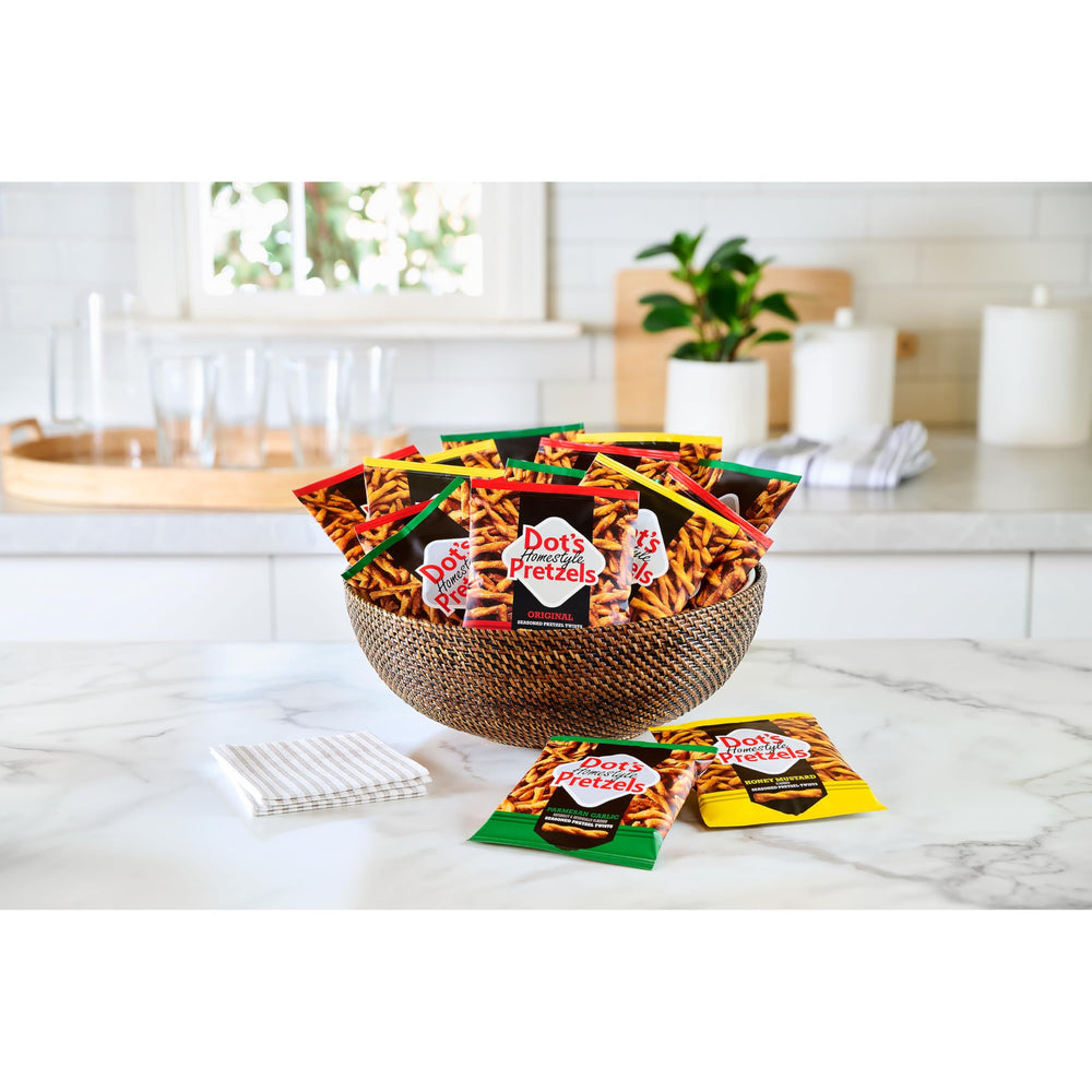 Dot's Homestyle Pretzels Parmesan Garlic bag delivering savory, cheese-kissed crunch.
