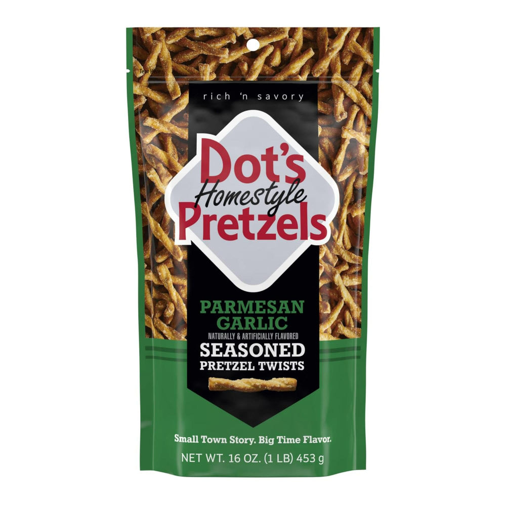 Dot's Homestyle Pretzels Parmesan Garlic Twists in resealable bag for easy snacking on the go