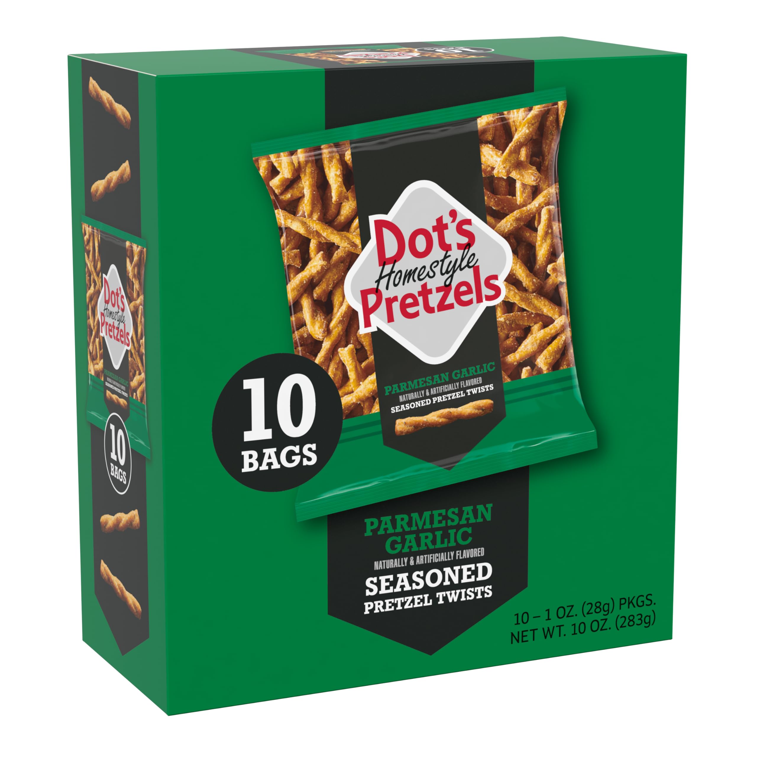 Dot's Homestyle Pretzels Parmesan Garlic Twists 1oz bag, ideal for on-the-go snacking.