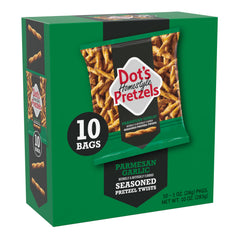 Dot's Homestyle Pretzels Parmesan Garlic Twists 1oz bag, ideal for on-the-go snacking.