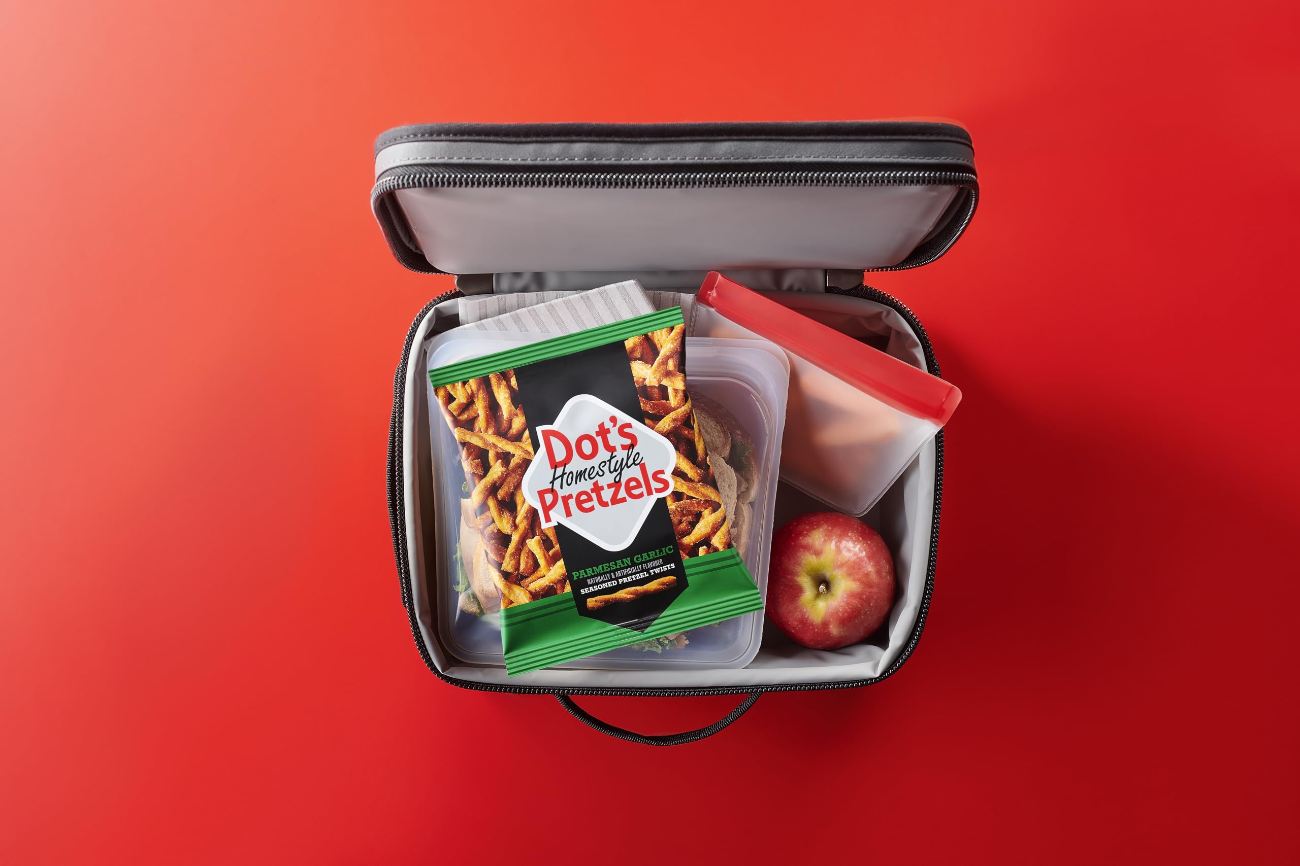 Bags of Dot's Parmesan Garlic Pretzel Twists ready for lunchboxes and school snacks.