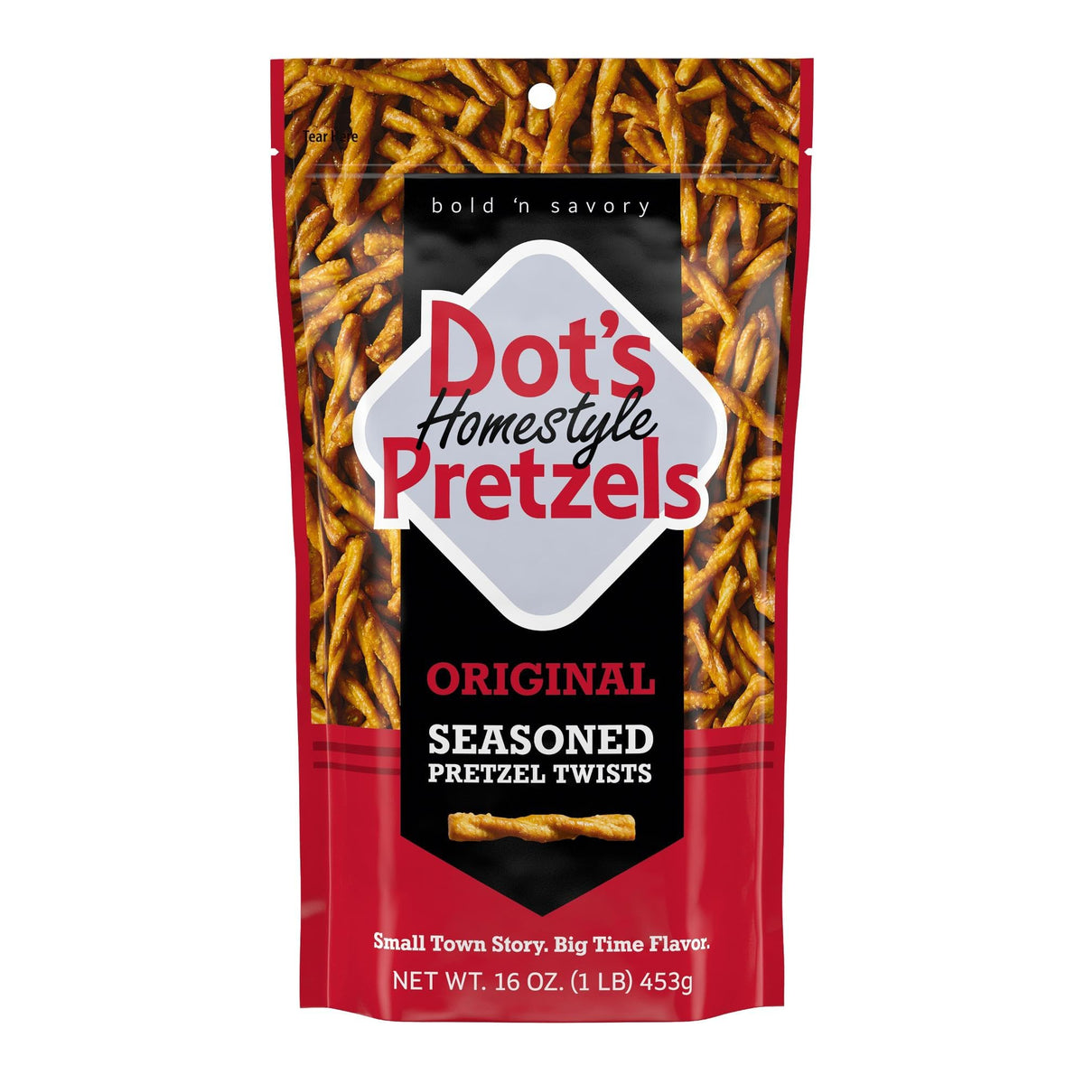 Dot's Pretzels Original Twists 16oz bag front, ideal for on-the-go snacking.