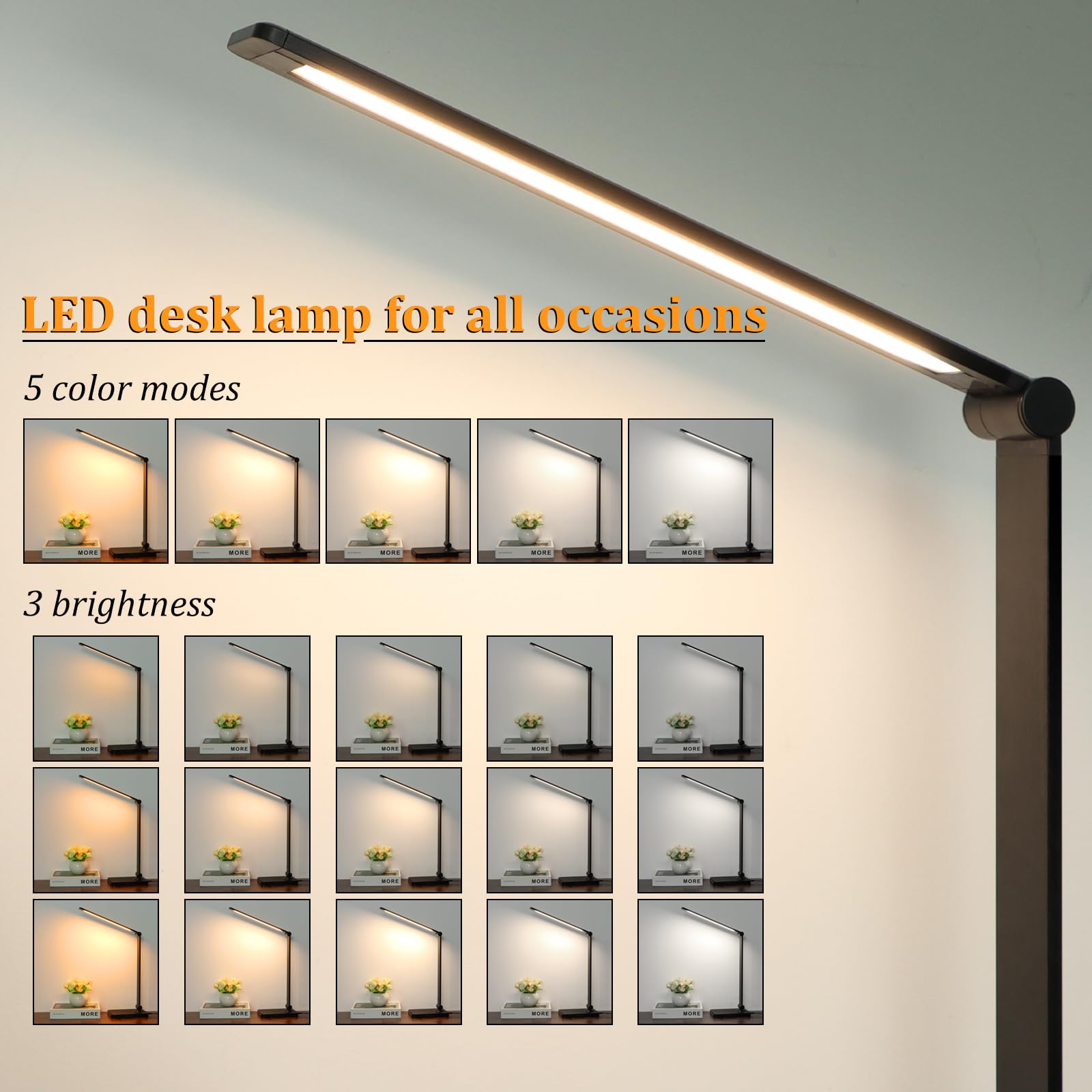 Dott Arts foldable arm LED desk lamp saves desk space during tasks.