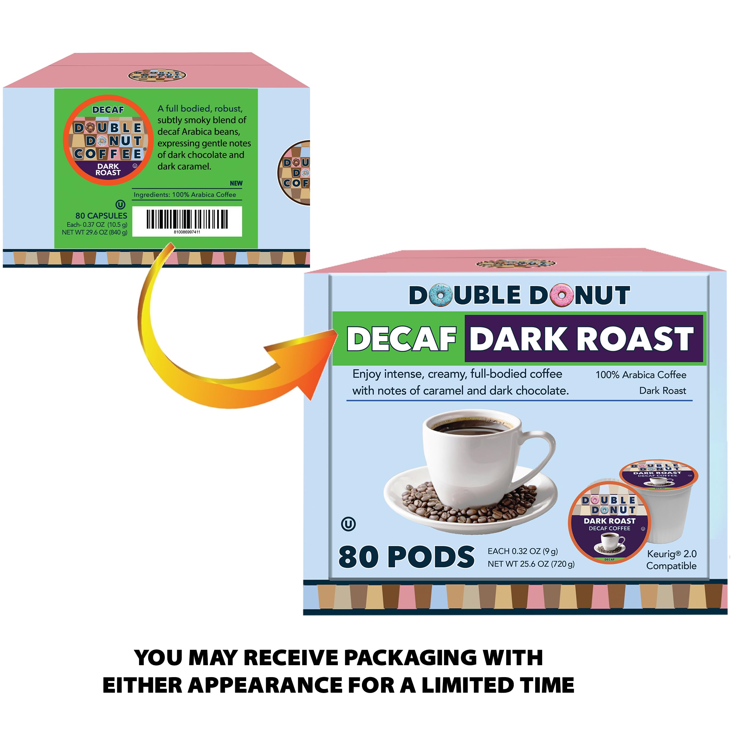 Barista-style cup beside Double Donut decaf dark roast pods, emphasizing quick single-serve convenience.