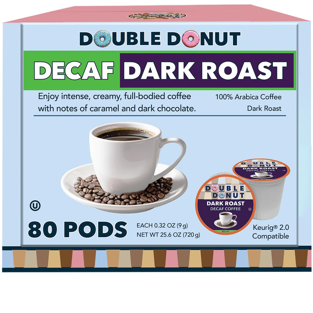 Double Donut Coffee decaf dark roast pods sit beside a steaming cup for a bold, caffeine-free treat.