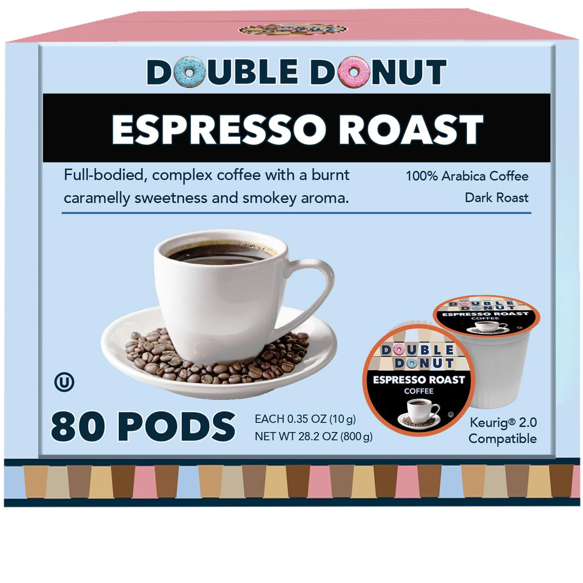 Double Donut Espresso Roast pods deliver bold flavor in 80-pack convenience.