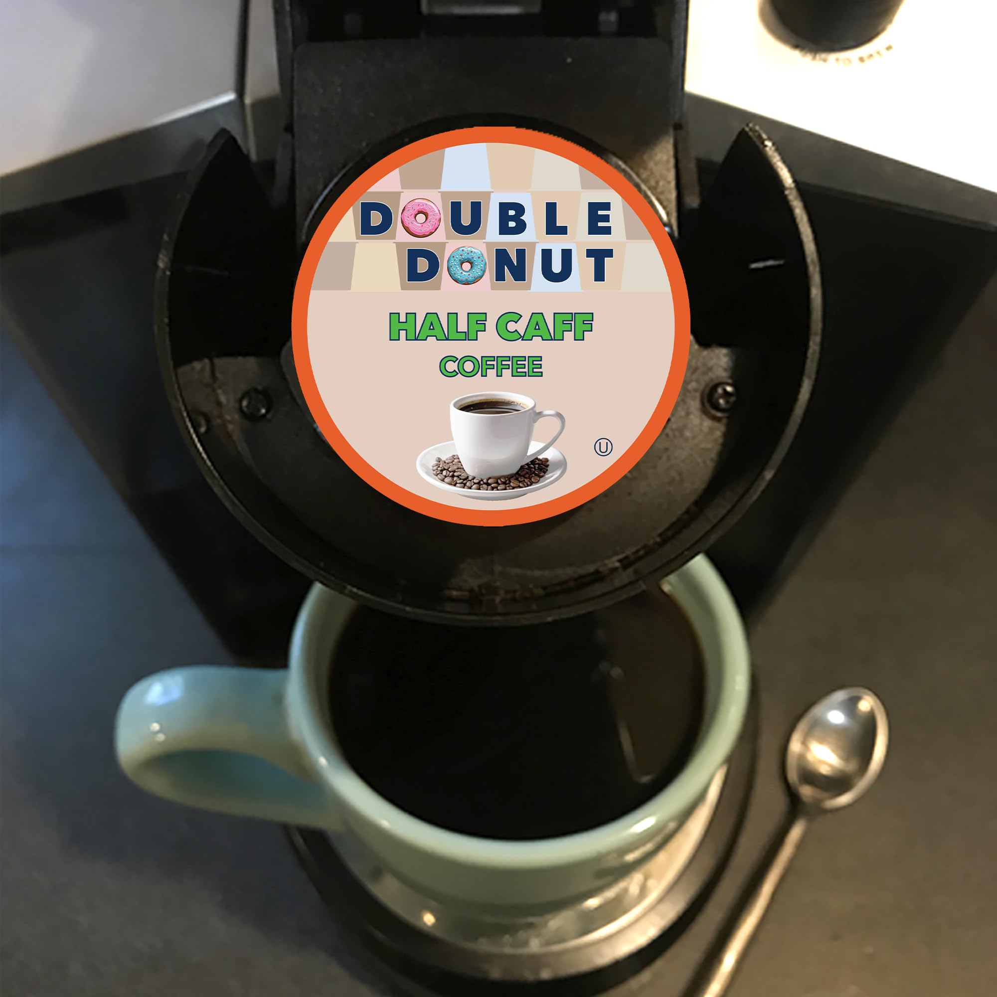Double Donut Coffee Half Caff mug with steam signaling a mellow sip
