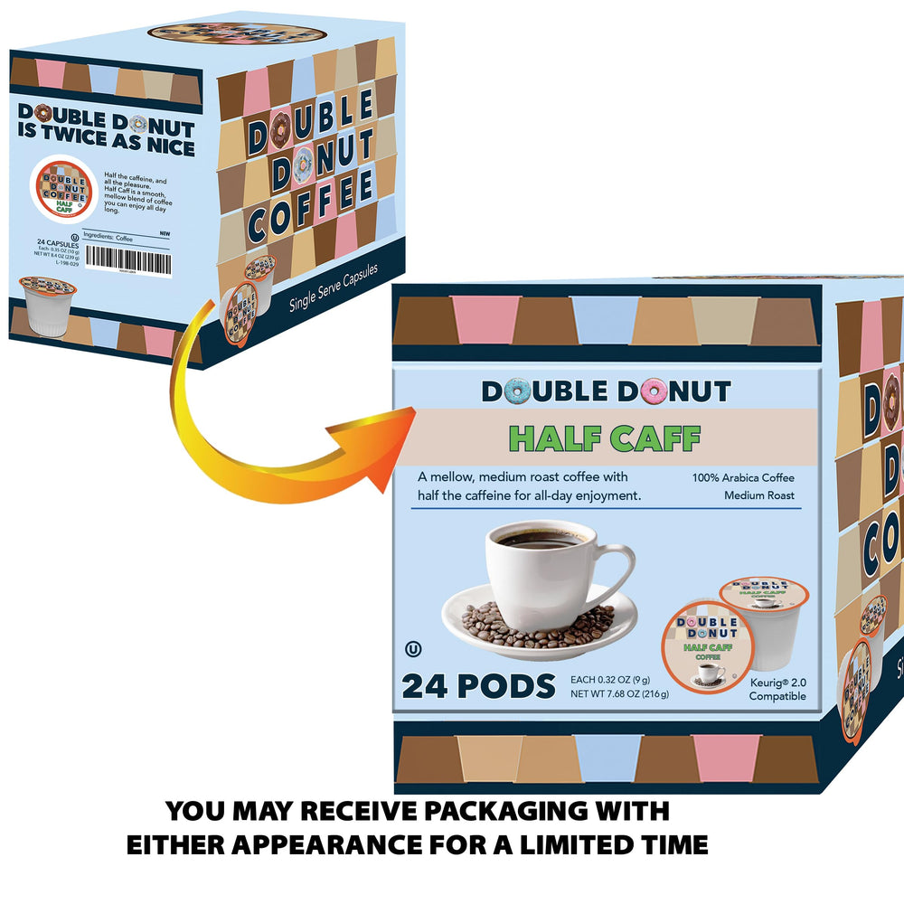 Double Donut Coffee Half Caff packaging close-up showing recyclable pod
