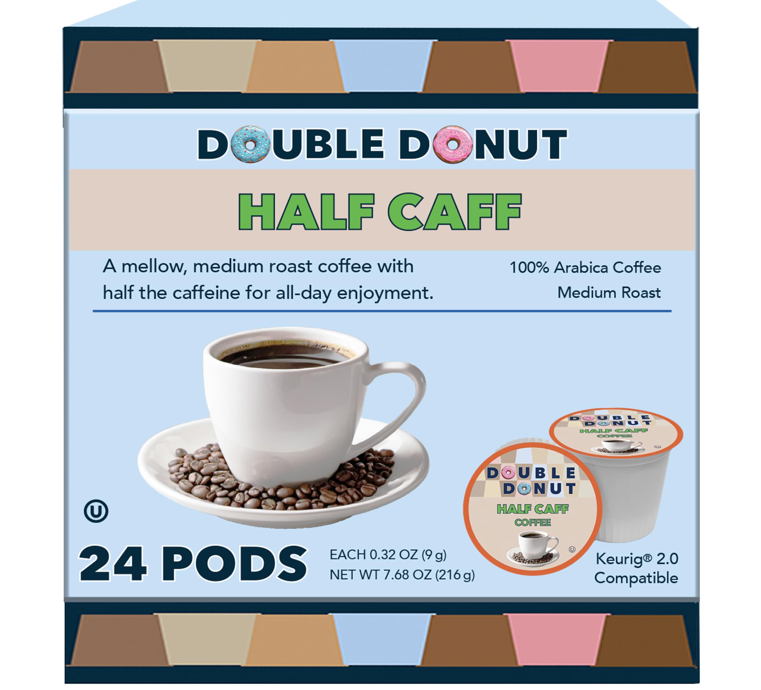 Double Donut Coffee Half Caff pod box ready for quick morning brew