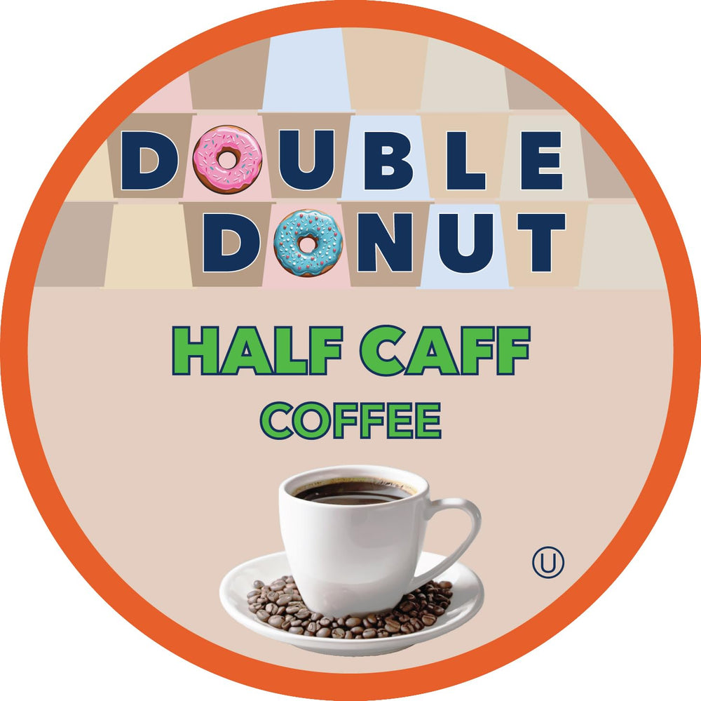 Double Donut Coffee Half Caff pods on shelf beside other single-serve options