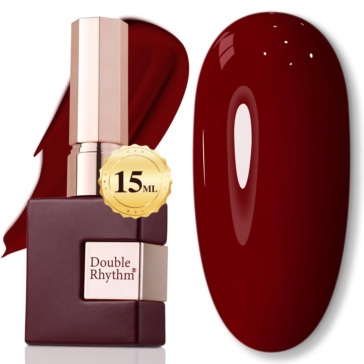 Double Rhythm burgundy 15ml gel nail polish bottle shows rich color for a flawless manicure.