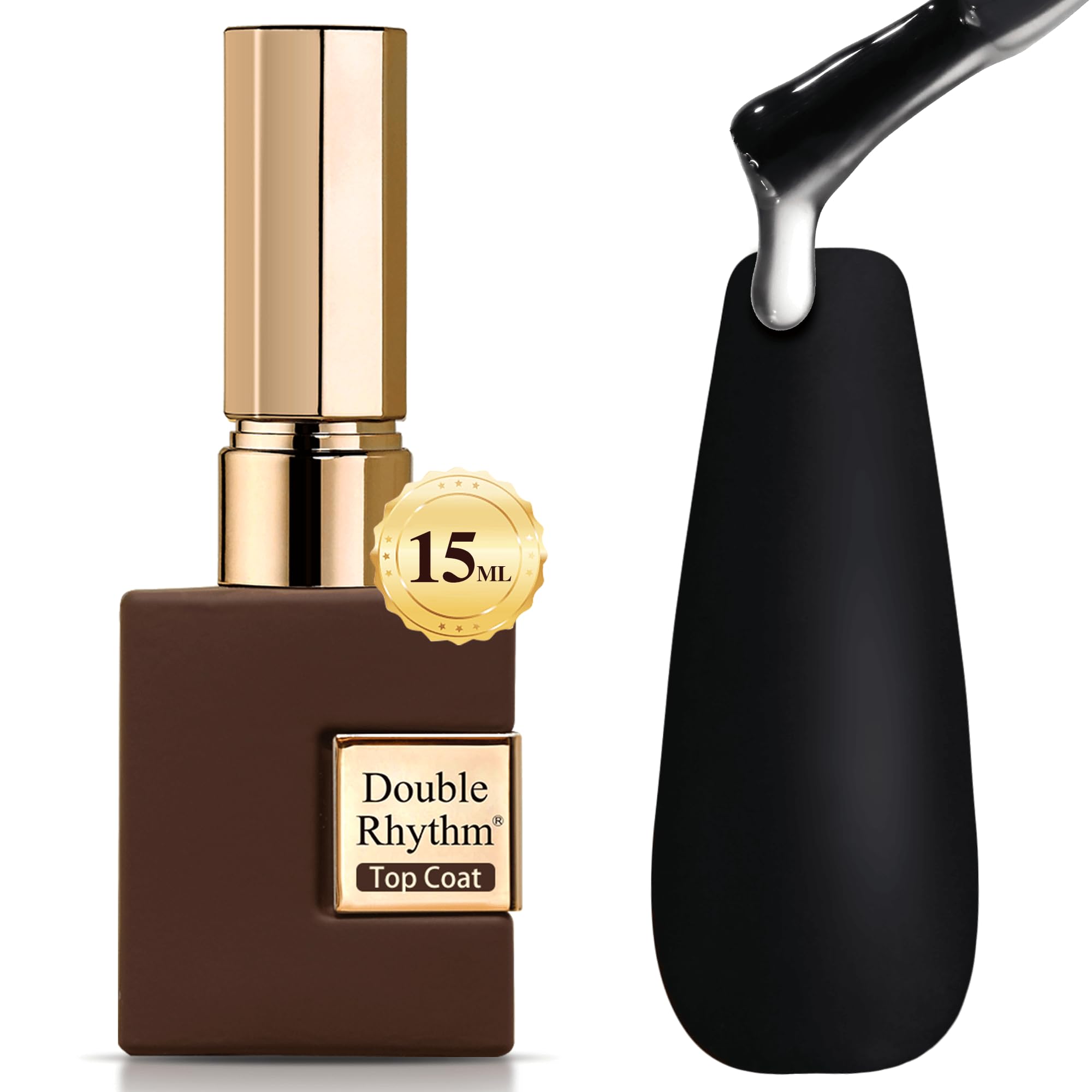 Double Rhythm 15ml gel top coat bottle shows iridescent glitter for dazzling shine.