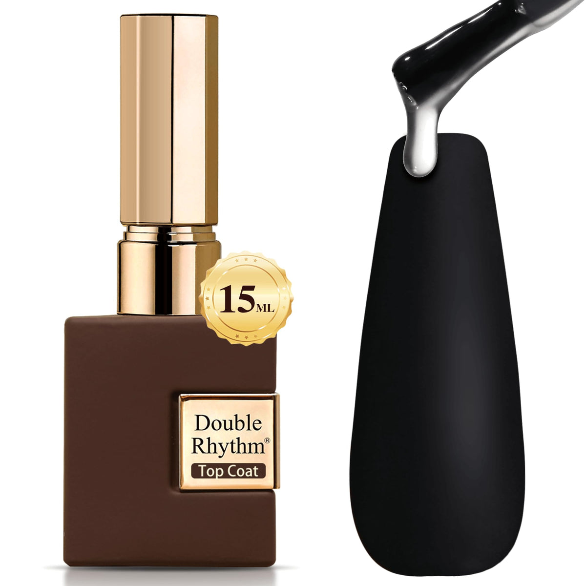 Double Rhythm 15ml gel top coat bottle shows iridescent glitter for dazzling shine.