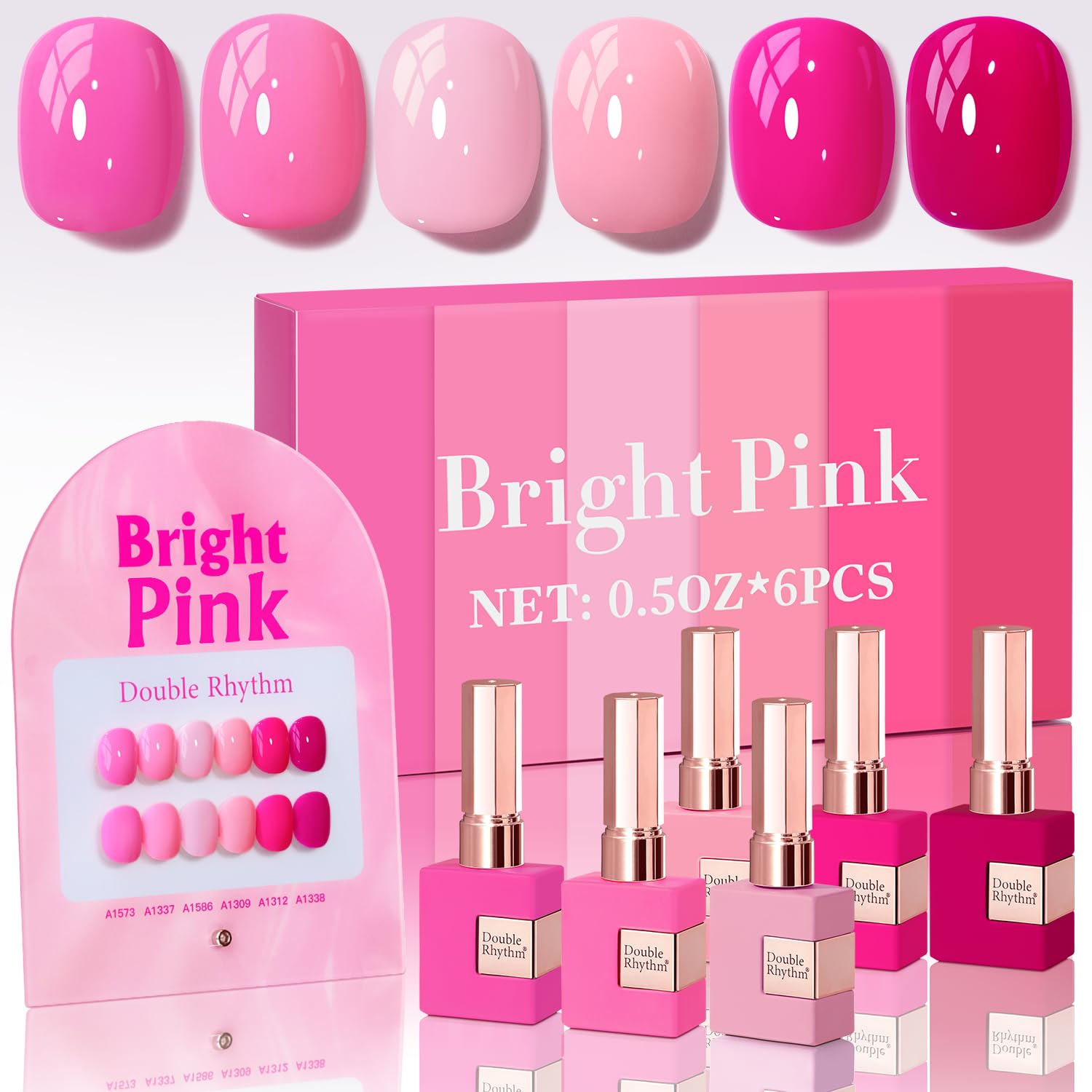 Double Rhythm gel polish set on display with six vibrant bottles for all-season nails.