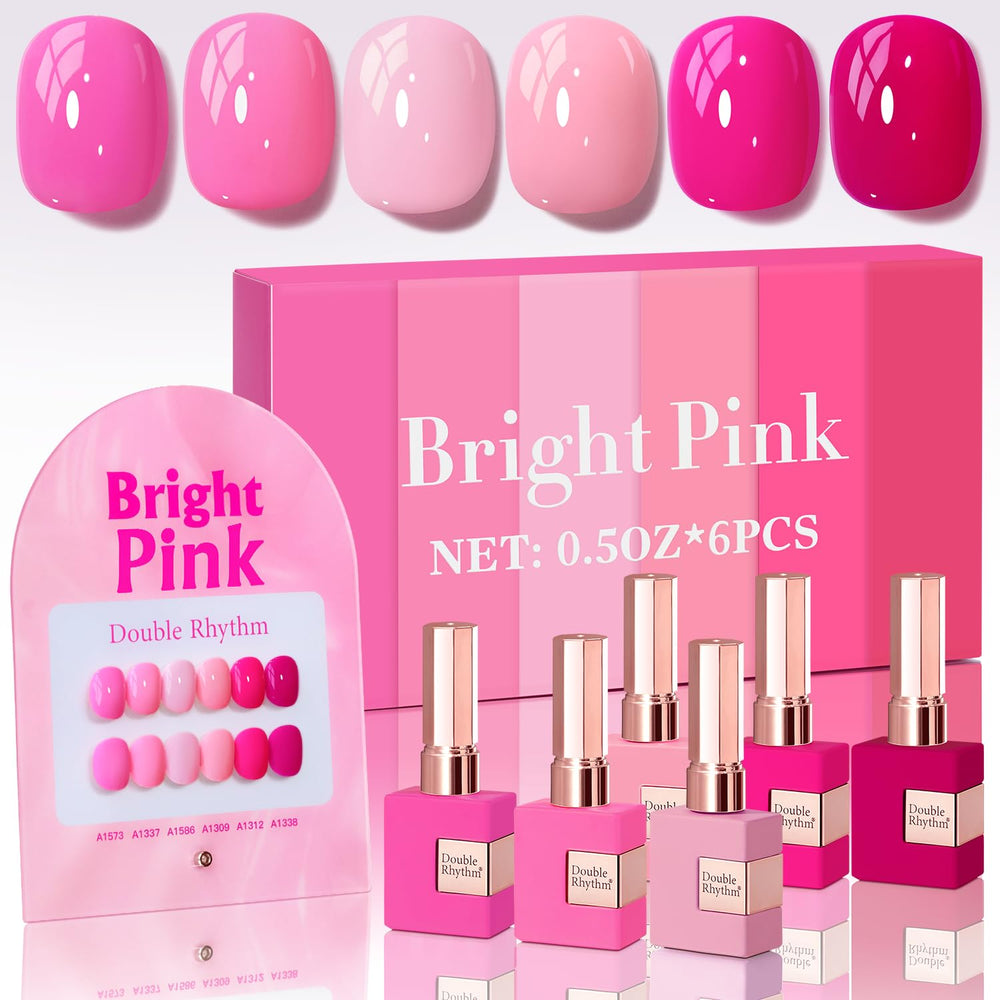 Double Rhythm gel polish set on display with six vibrant bottles for all-season nails.