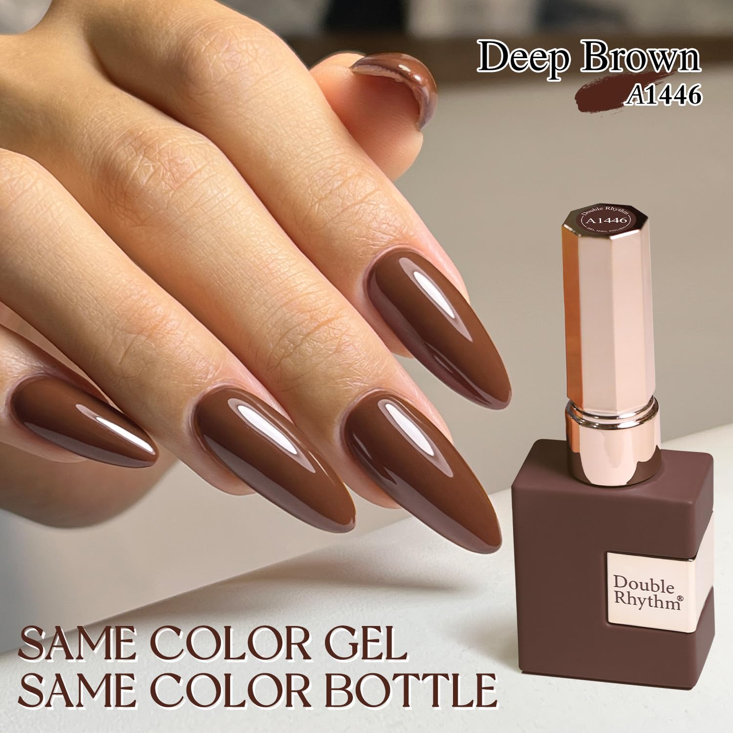 Double Rhythm deep brown gel polish prep image shows base coat application for durability.