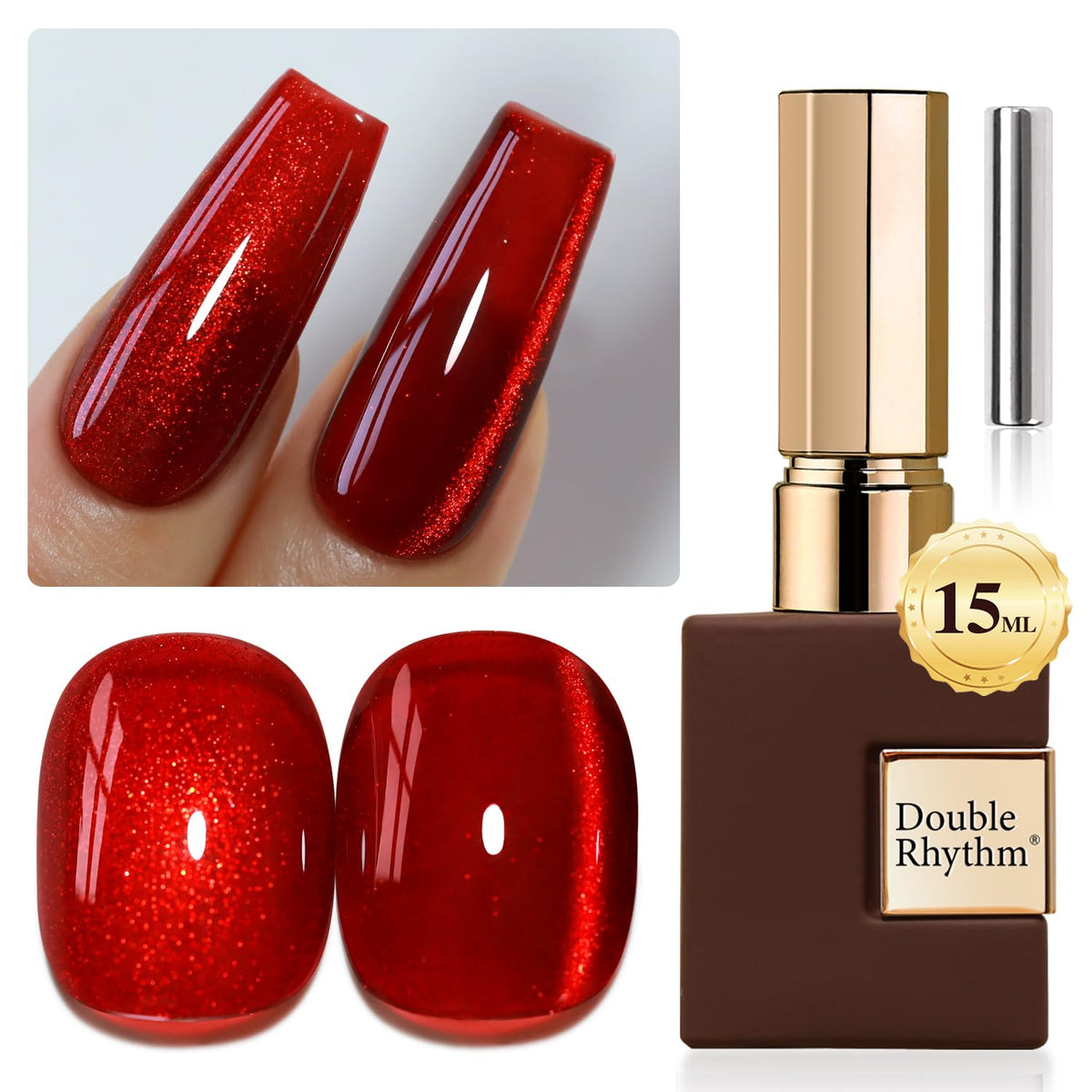 Double Rhythm blood-red cat eye gel polish with magnet for magnetic shimmer nails.