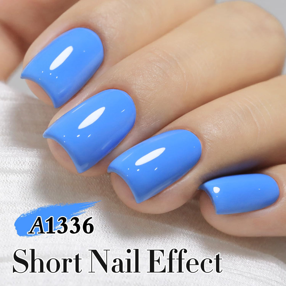 Double Rhythm blue gel polish on nails with high shine.